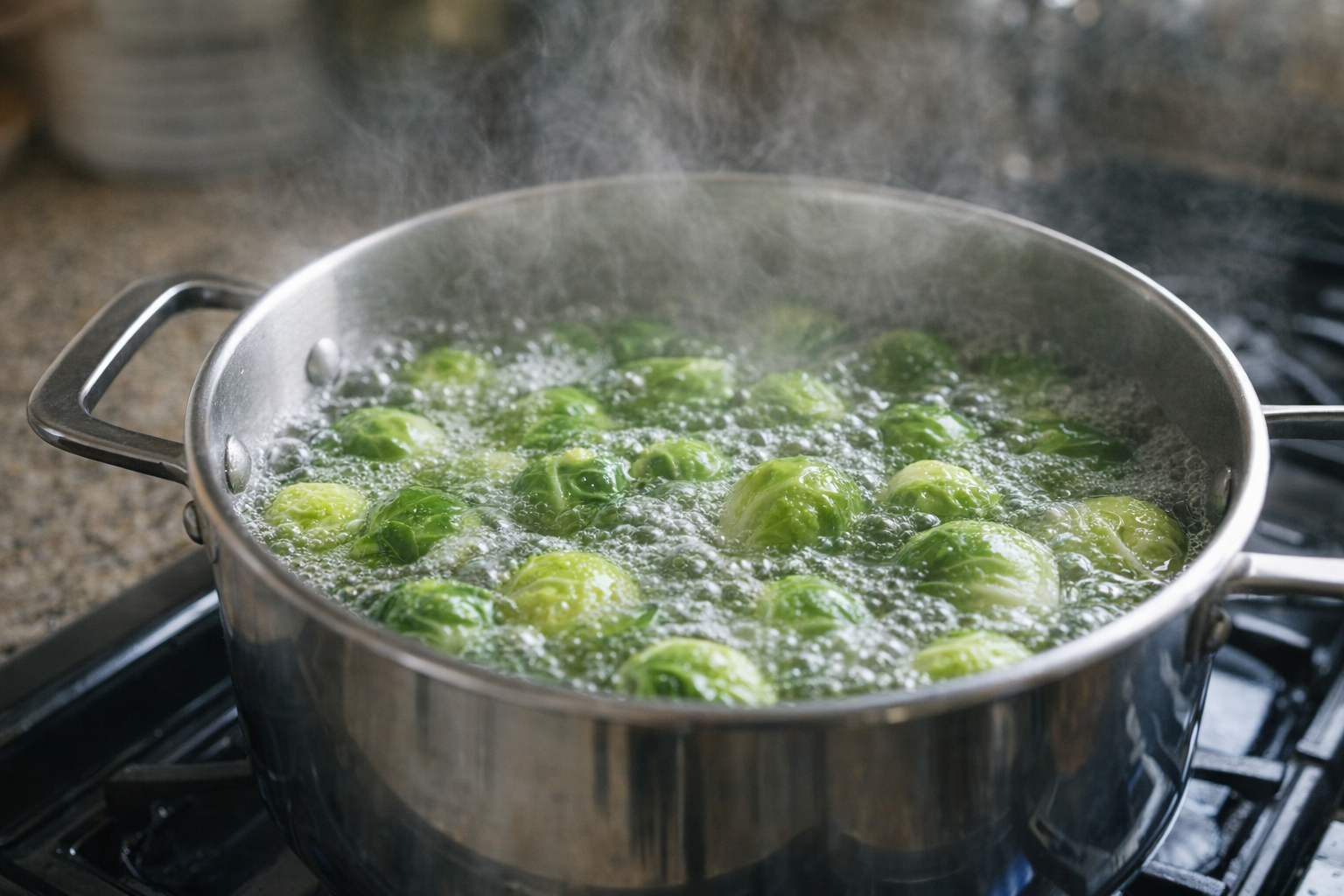 A close-up shot of Brussels sprouts boiling in a pot, steam rising, bright green color visible through the bubbling water, stainless steel pot on a gas stove